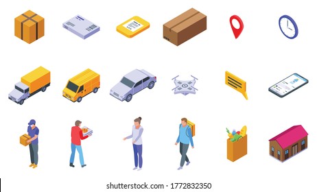 Home delivery icons set. Isometric set of home delivery vector icons for web design isolated on white background