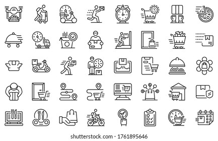 Iconos de entrega a domicilio establecidos. Conjunto de esquemas de iconos vectoriales de entrega doméstica para diseño web aislado en fondo blanco