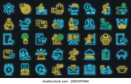 Home delivery icons set. Outline set of home delivery vector icons neon color on black