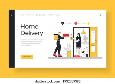 Home delivery. Landing site banner template. Cartoon character delivery man giving boxes of hot pizza to female customer paying with credit card near open door. Flat vector illustration