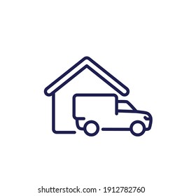 Home Delivery Line Icon, Van And House