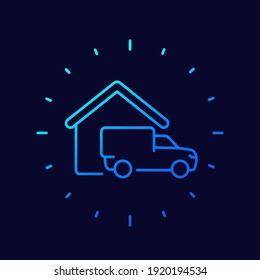Home delivery line icon, van and house vector
