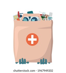 Home Delivery Of Medicines, Medical Supplies In A Paper Bag. Human Hands In Gloves Hold Medicines In Packaging, Courier Delivery Services. Vector Illustration.