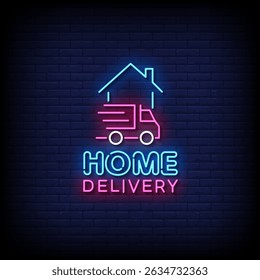 home delivery neon sign with brick wall background vector