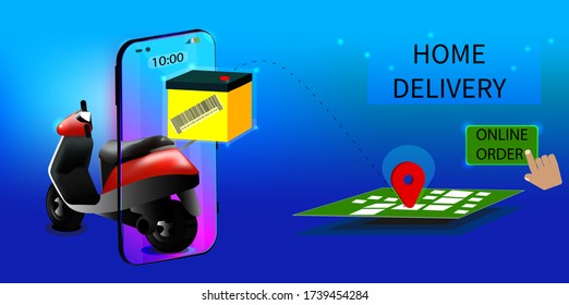 
Home delivery online on a blue background. realistic vector. Fast courier on a scooter. Fast food. Healthy lifestyle. Blue background Free food delivery. eps 10 stock illustration