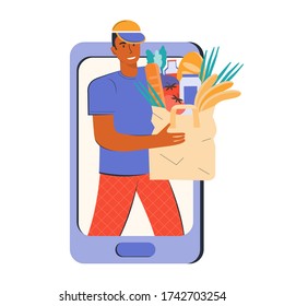 Home delivery and online ordering of products and food. Buy via the mobile app and online store. Man courier or volunteer delivers a bag of groceries. Help in quarantine. Vector flat illustration