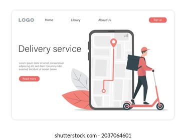 Home delivery. Online shopping. Courier service landing page. Flat colored vector illustration. Isolated on white background. 