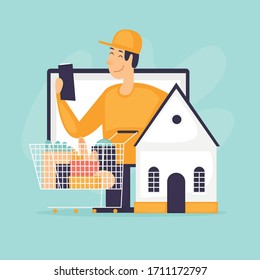 Home delivery, online store, courier with products. Flat design vector illustration.