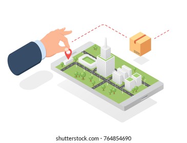 Home delivery, order delivery address isometric vector, man hand places  mark on map, delivery tracker concept flat illustration isolated on white background
