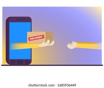 Home delivery from phone into your hands. Flat vector cartoon illustration for web. Color background.