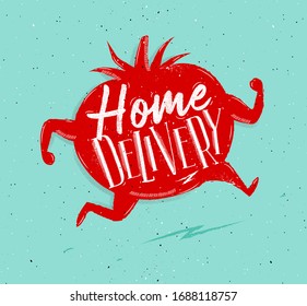 Home delivery with running tomato and lettering drawing on turquoise background