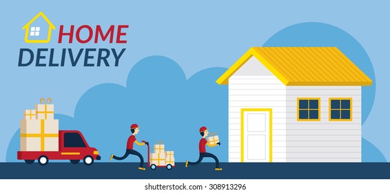 Home Delivery Service, Boy or Postman Send Parcel Box, Flat Design