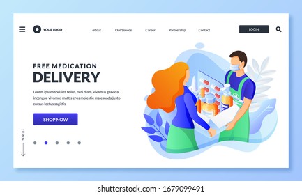 Home delivery service of drugs, prescription medicines. Courier in mask hands package with pills, medicals to woman. Vector 3d isometric illustration. Online pharmacy, drugstore banner, poster design