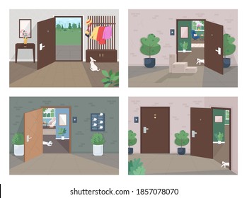 Home delivery service flat color vector illustration set. Shipping packages to door. Empty room. Parcel on doorway. Lockdown house 2D cartoon interior with open and closed doors on background pack