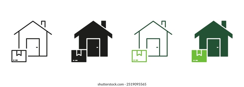 Home Delivery Service Line and Silhouette Icon Set. Parcel Package Shipping To House Sign. Address Delivery Symbol. Order Shipping To Door Pictogram. Editable Stroke. Isolated Vector Illustration.