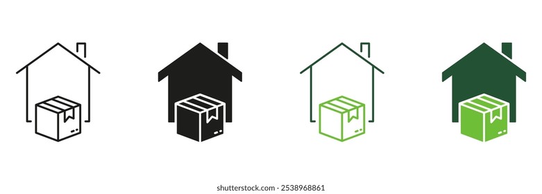 Home Delivery Service Line and Silhouette Icon Set. Order Shipping To Door Pictogram. Parcel Package Shipment To House Symbol. Address Delivery Sign. Editable Stroke. Isolated Vector Illustration.