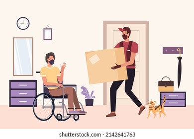 Home delivery service for people with disability. Customer location order shipping flat cartoon vector illustration