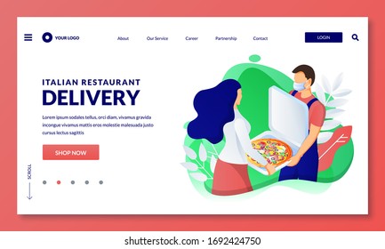 Home delivery service from restaurant and fast food cafe. Courier in mask gives box with pizza to woman. Vector 3d isometric illustration. Order lunch or dinner home, banner, poster design template