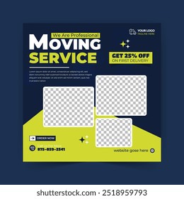 Home delivery service social media post vector with dark and orange colors. Modern home delivery service web banner design with creative shapes. Free grocery delivery promotion template vector.