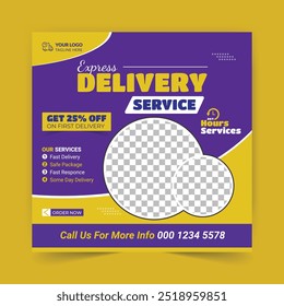 Home delivery service social media post vector with dark and orange colors. Modern home delivery service web banner design with creative shapes. Free grocery delivery promotion template vector.