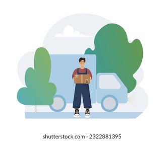 Home delivery service. Young deliveryman holding cardboard box in hands while standing in front of cargo van parked on road. Flat vector illustration