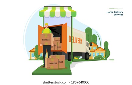 Home delivery services illustration with van or truck transportation