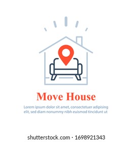 Home delivery services, move house , find apartment to rent, rental estate, guesthouse concept, vector line icon