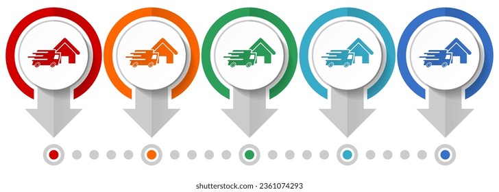 Home delivery, shipping, courier vector icon set, flat design infographic template, set pointer concept icons in 5 color options for webdesign and mobile applications