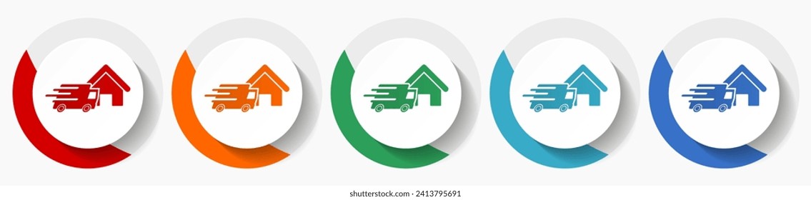 Home delivery, shipping, courier vector icon set, flat icons for logo design, webdesign and mobile applications, colorful round buttons