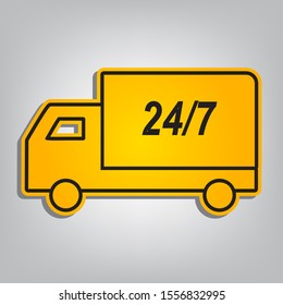 Home delivery sign. Flat orange icon with overlapping linear black icon with gray shadow at whitish background. Illustration.