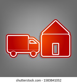 Home delivery sign. Flat red icon with linear white icon with gray shadow at grayish background. Illustration.
