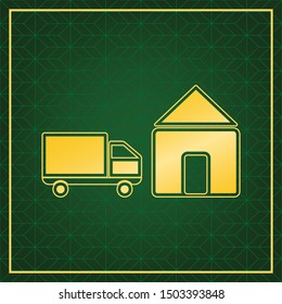 Home delivery sign. Golden icon with gold contour at dark green gridded white background. Illustration.