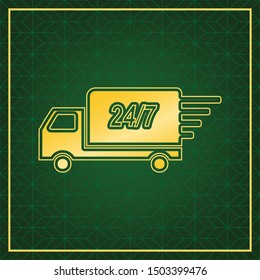 Home delivery sign. Golden icon with gold contour at dark green gridded white background. Illustration.