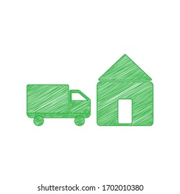 Signo de entrega en casa. Ícono de garabato verde con contorno sólido sobre fondo blanco.  Ilustración.