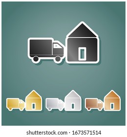 Home delivery sign. Set of metallic Icons with gray, gold, silver and bronze gradient with white contour and shadow at viridan background. Illustration.