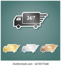 Home delivery sign. Set of metallic Icons with gray, gold, silver and bronze gradient with white contour and shadow at viridan background. Illustration.