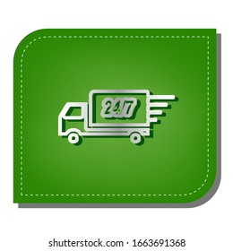 Home delivery sign. Silver gradient line icon with dark green shadow at ecological patched green leaf. Illustration.