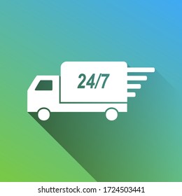 Home delivery sign. White Icon with gray dropped limitless shadow on green to blue background. Illustration.