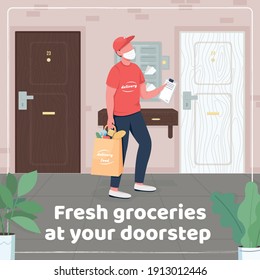 Home delivery social media post mockup. Fresh groceries at your doorstep phrase. Web banner design template. Covid booster, content layout with inscription. Poster, print ads and flat illustration