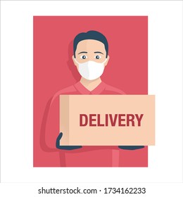 Home delivery in time of quarantine sefl-isolation - courier with face mask holding cardboard box packaging - isolated vector illustration 