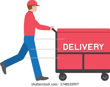 home delivery trader. Courier pushing a trolley