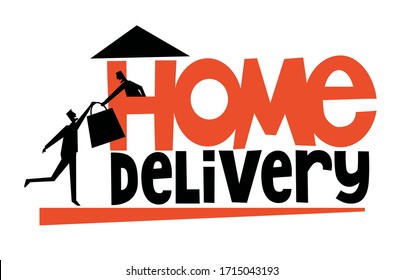 Home Delivery Typography With Delivery Man Bringing Food Or Groceries To Man In A House Because Of Coronavirus Pandemic And Quarantine. Logo Or Icon Design.