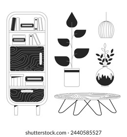 Home design and furniture black and white 2D line cartoon objects set. Living room interior isolated vector outline items collection. Comfortable house decor monochromatic flat spot illustrations