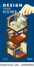 Home design with hand and furniture, isometric interior