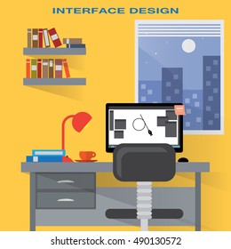 Home Designer Workplace - Vector Illustration, Graphic Design. For Web, Websites, Print, Presentation Templates, Mobile Applications And Promotional Materials
