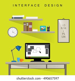 Home Designer Workplace - Vector Illustration, Graphic Design. For Web, Websites, Print, Presentation Templates, Mobile Applications And Promotional Materials