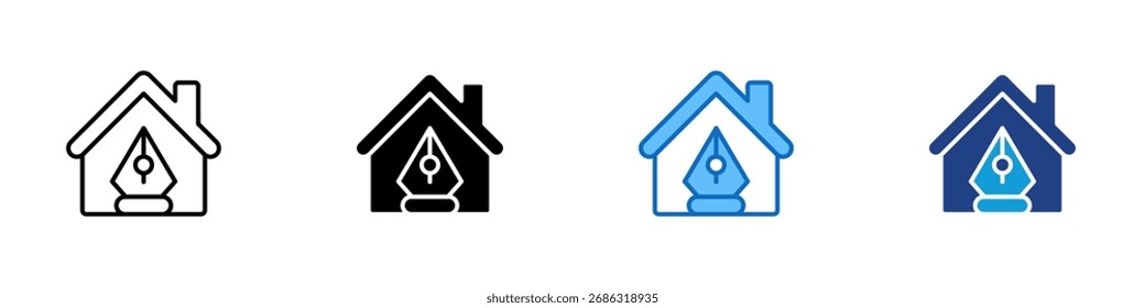 Home Designing Multiple Style Icon Design Vector - Haus mit einem Füllfederhalter innen, symbolisiert Home-Design, Schreiben, Bloggen, Immobilien-Inhalte, oder kreativen Arbeitsplatz