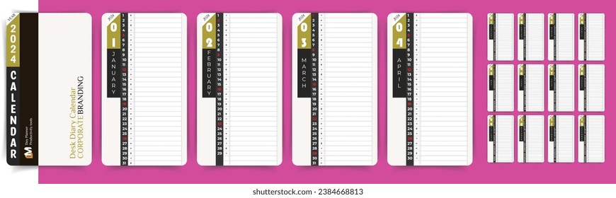 Home Desk Calendar 2024 Day Planner or Diary design in nice magenta background. vector eps unique 12 month planner card design.