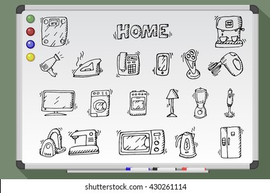 Home devices icons. Hand drawn vector stock illustration. White board drawing