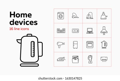 Home devices line icon set. Set of line icons on white background. Soundbar, conditioner, fridge. Vector illustration can be used for topics like home, kitchen, technics